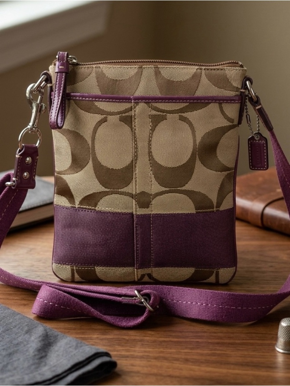 ✨ Coach Signature Jacquard North South File Bag | Plum & Khaki ✨